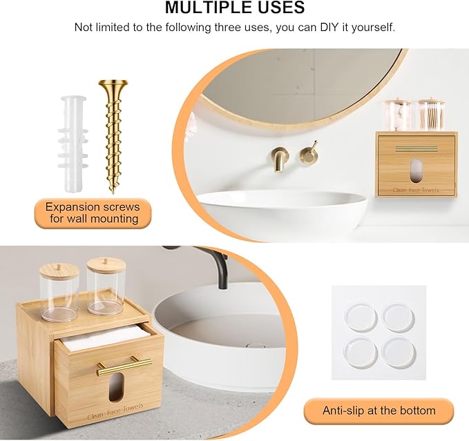 BSSN Face Towel Holder Bamboo Disposable Clean Towels Holder with Cotton Swab Box and 60ct Towels, Wall Mounted & Countertop Skincare Organizer, Bathroom Vanity Storage for Face Tissues & Makeup Pads