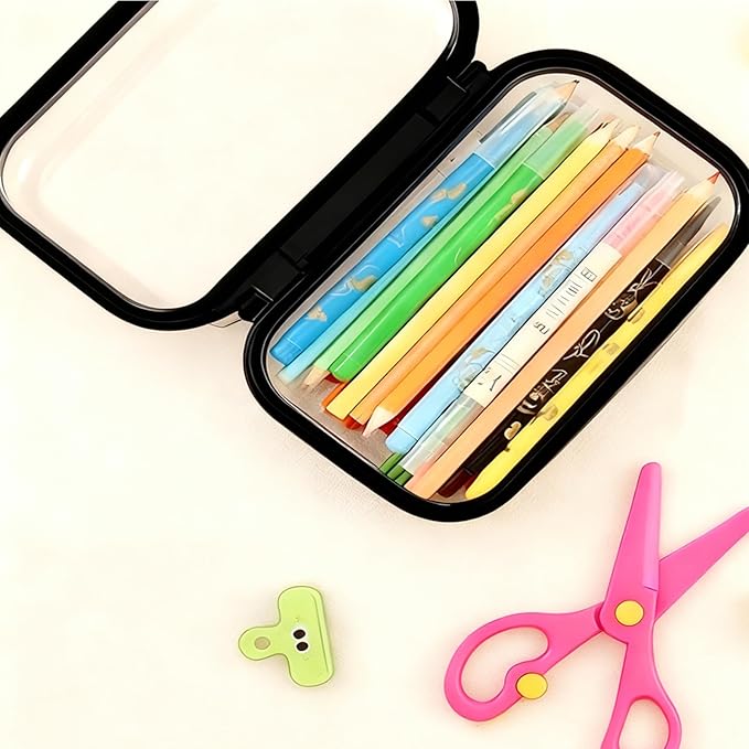 2PC Black Small Clear Hard Shell Zipper Case, Double Zippers Plastic Storage Box for Snacks Makeup Toiletries & Cosmetic Tools