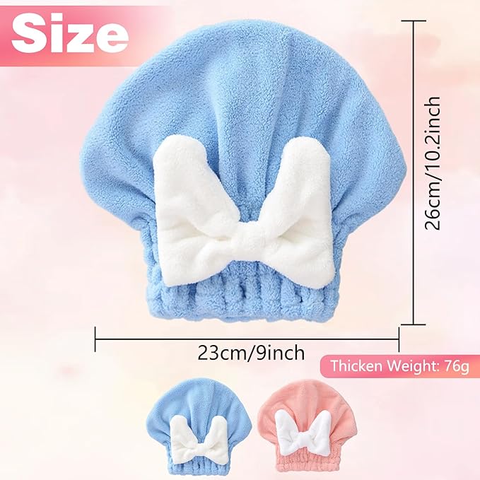 2 Pack Ultra Absorbent Hair Quick Drying Towel for Women, New Microfiber Hair Towel Wrap Dry Turban, Soft Bow Tie Plopping Head Towels Shower Cap for All Hair Style (Blue and Pink)
