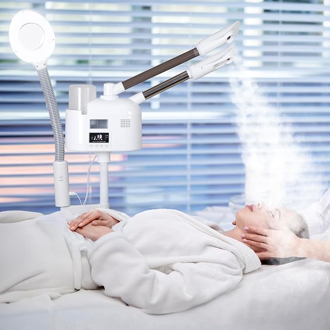 Professional 3 in 1 Facial Steamer Deep Cleaning Ozone Facial Steamer with 5X Magnifying Light & Rolling Wheels Hot/Cold Mist Function for Salon Spa Home Beauty Equipment, White