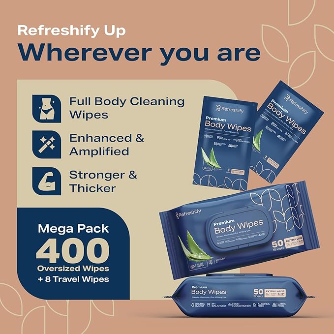 Wet Body Wipes for Adults | Shower Alternative Bathing No Rinse, Large 8” x 12”, 400 Wipes 8 Packs of 50