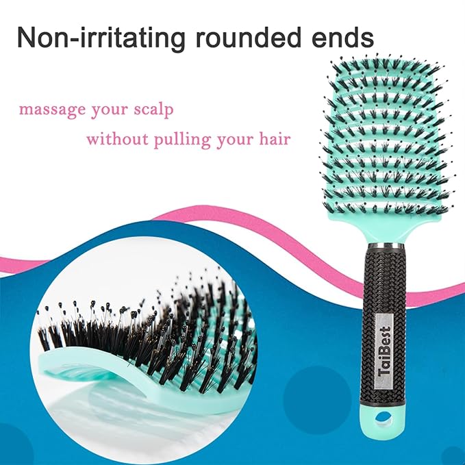 Boar Bristle Hair Brush Set - Dry/Wet Hair Brush Detangler for Fine, Thick, Curly Hair - Curved and Vented Brush for Women, Men or Kids (Green & Apricot Pink)
