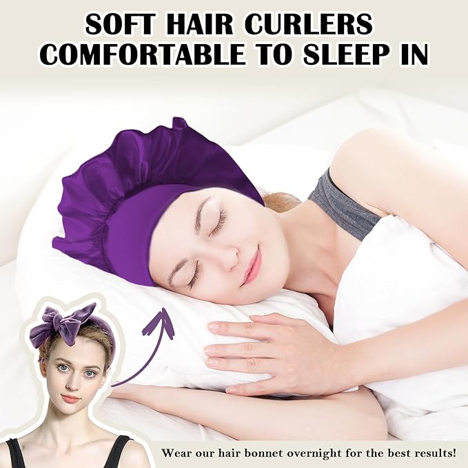 ZILAMPU No Heat Overnight Curls Headband - 70" Soft Wave Wrap for Long Hair to Sleep In, 9 PCS Hair Rollers Gifts Set - Purple