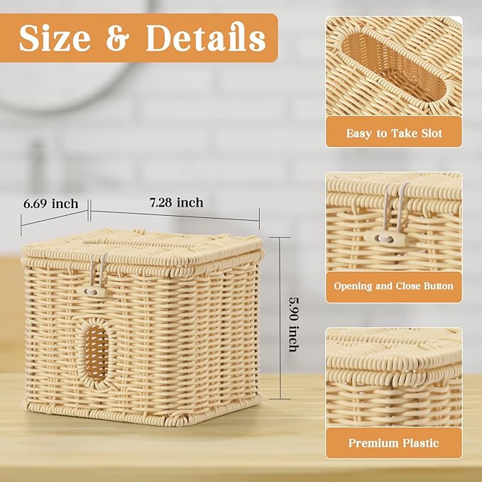 Facial Clean Skin Club Face Towels Holder for Bathroom, Plastic Rattan Disposable Face Towel Holder, Farmhouse Style for XL Face Towels Box Basket with Lid, Beige Color