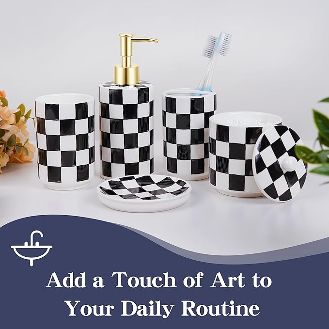 Ceramic Bathroom Soap Dispenser Set, Black and White Checkered Bathroom Vanity Set with Lotion Pump, Toothbrush Holder, Soap Dish & Storage Jar, Modern Bathroom Sink Accessories