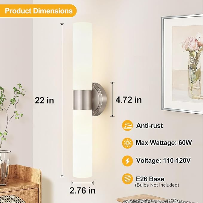 Wall Sconces Set of Two, Modern Bathroom Sconces Wall Lighting with Milky White Glass, Brushed Nickel Sconces Wall Decor Set of 2 for Bathroom Mirror Bedroom Living Room Hallway