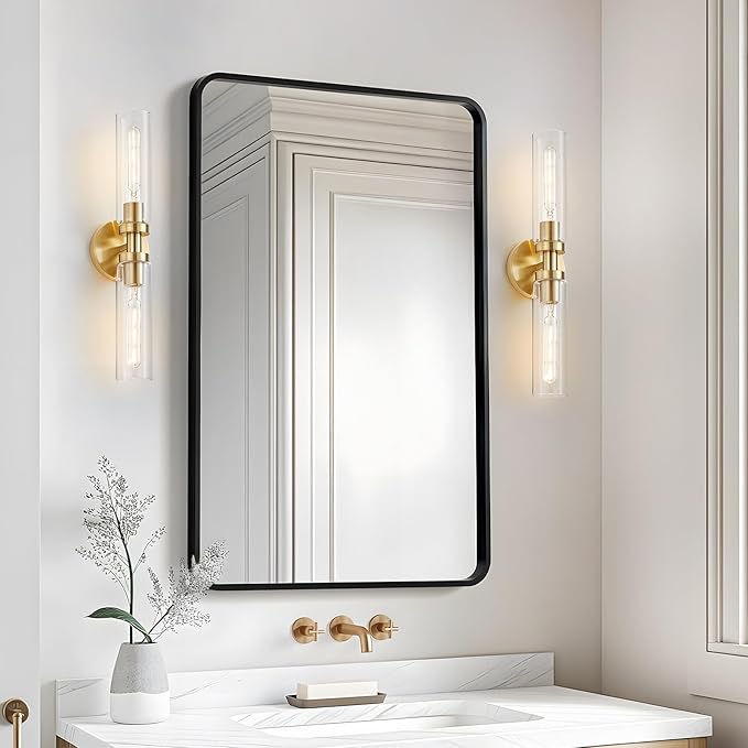 2 Light Bathroom Wall Sconce Set of 2,Modern Farmhouse Brushed Brass Gold Bathroom Light Fixture Over Mirror with Clear Glass Shade,Vanity Light for Hallway Cabinet Bedroom Stairway Porch