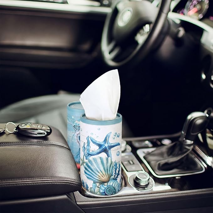 12 Pack Summer Ocean Car Tissue Cylinder Holder Bulk with 3 Ply Facial Tissues Starfish Round Napkin Holders for Cup Holder Cylinder Colorful Travel Paper Tubes Bulk Napkin Boxes Packs