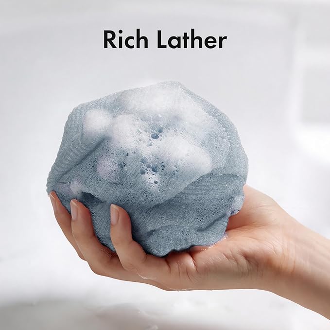 Exfoliating Washcloth, Nylon Bath Towel Body Scrubber with Hanging Strap, Back Scrubber for Shower Japanese Washcloth Loofah - Deep Clean & Rich Lather (Black & White & Gray, Pack of 3)