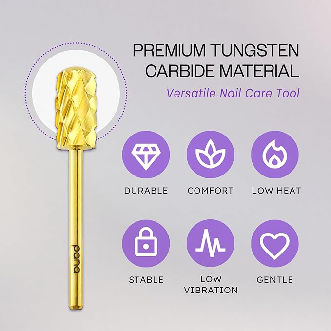 PANA 3/32" Large Smooth Round Top Safety Carbide Nail Drill Bit for Gel Polish & Acrylic Removal Nail Salon Manicure Pedicure Electric File Tools (Large Barrel - Gold, 5X Coarse)