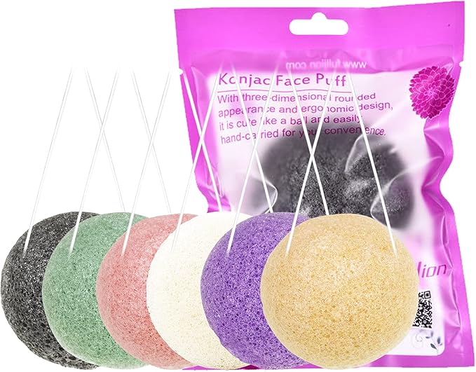 6 Pack Natural Konjac Facial Sponges, findTop 6 Colors Konjac Exfoliating Facial Sponge Set for Gentle Face Cleansing and Exfoliation- Charcoal, Turmeric, French Green, White Pink & Purple