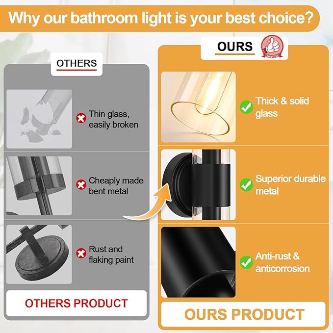 Wall Sconces Set of Two,Matte Black Bathroom Sconces with Clear Glass, Hardwired Sconces Wall Decor Set of 2, Modern Wall Vanity Light Fixtures for Bathroom Mirror Bedroom Living Room Hallway