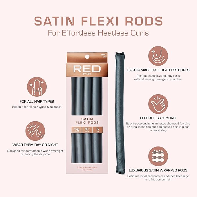 Red by Kiss Satin Flexi Heatless Curling Rods, Damage Free & Frizz Free No Heat Soft Curls, Silky Satin to Prevent Breakage, Comfortable Pin-Free Styling, Gentle Rollers for All Hair Types