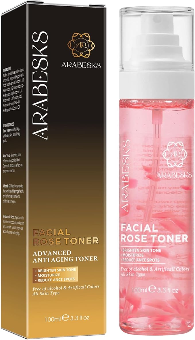 ARABESKS Rose Toner Spray 3.4 oz — Hydrating Face Mist with Hyaluronic Acid, Aloe Vera & Vitamin C, Alcohol-Free, Vegan