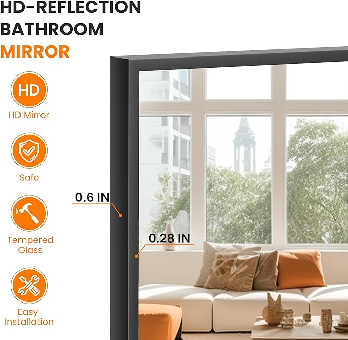 Bathroom Vanity Mirror for Wall, 60" x 30" Metal Framed Rectangular Bathroom Wall Mirror for Over Sink, HD Shatterproof Glass, Hangs Horizontally or Vertically(Black)