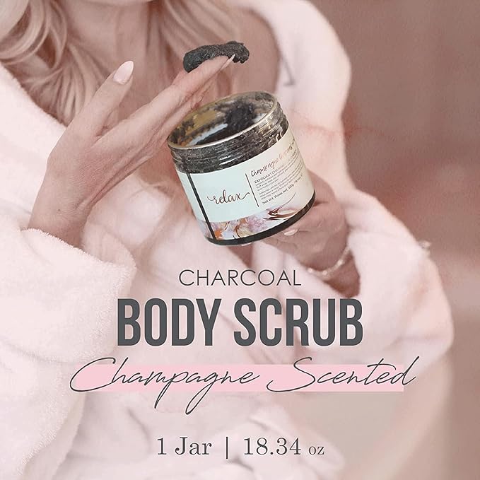 Manna Kadar Beauty Champagne Charcoal Scrub, 18.34 Oz - Detoxify, Exfoliate, Hydrate, Moisturize, Restore Skin, Gentle Body Scrubs, Leaves Skin Polished, Hydrated, & Refreshed, Buff Away Dead Skin