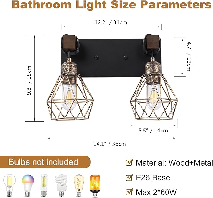 Farmhouse Bathroom Vanity Light Fixtures, 2-Light Wood Bathroom Light Fixtures Over Mirror, Rustic Sconces Wall Lighting with Elegant Metal Lampshade for Living Room, Bedroom, Hallway