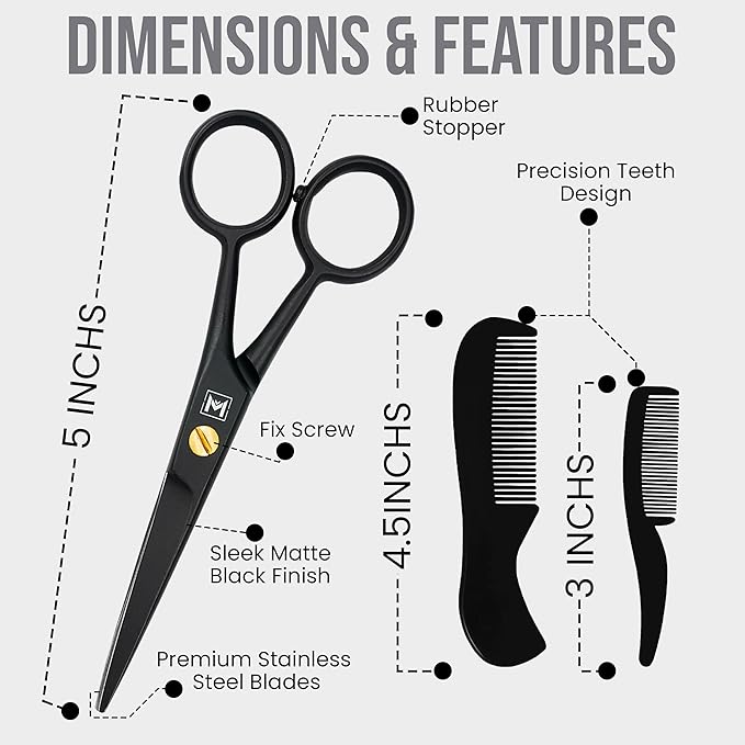 Mustache & Beard Scissors for Men – Professional 5" Stainless Steel Grooming Kit with Comb & Travel Case – Sharp Facial Hair Trimming Tool for Mustache, Beard, Nose & Eyebrows