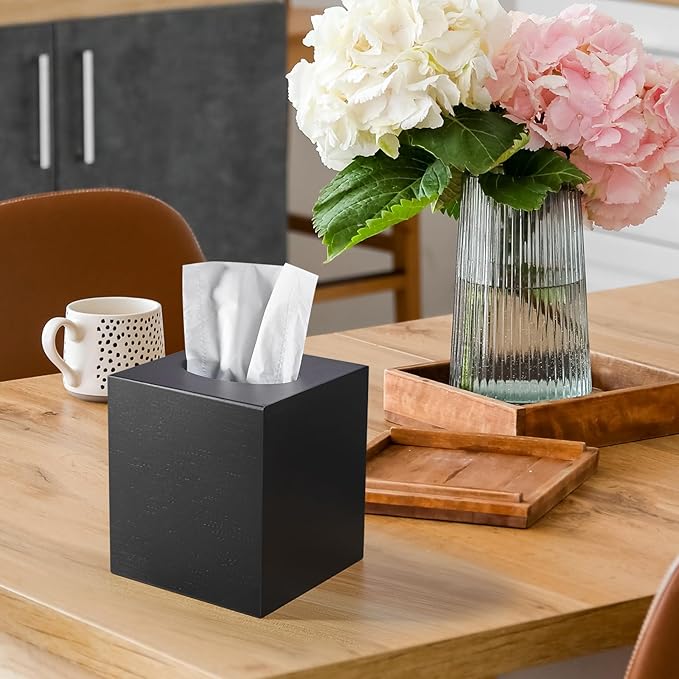 ALELION Wooden Tissue Box Cover Square - Large Black Tissue Box Holder for Tabletop Night Stands Bathroom Office - Decorative Facial Cube Tissue Box Cover