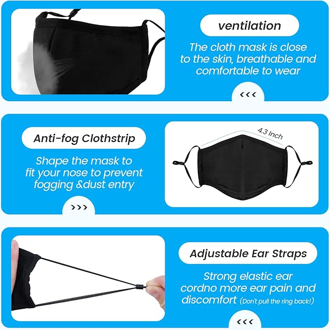 3-Ply Cloth Face Mask 6 Pack,Washable, Reusable and Breathable Face Covering with Adjustable Ear Protection Loops women/men (Black*6)