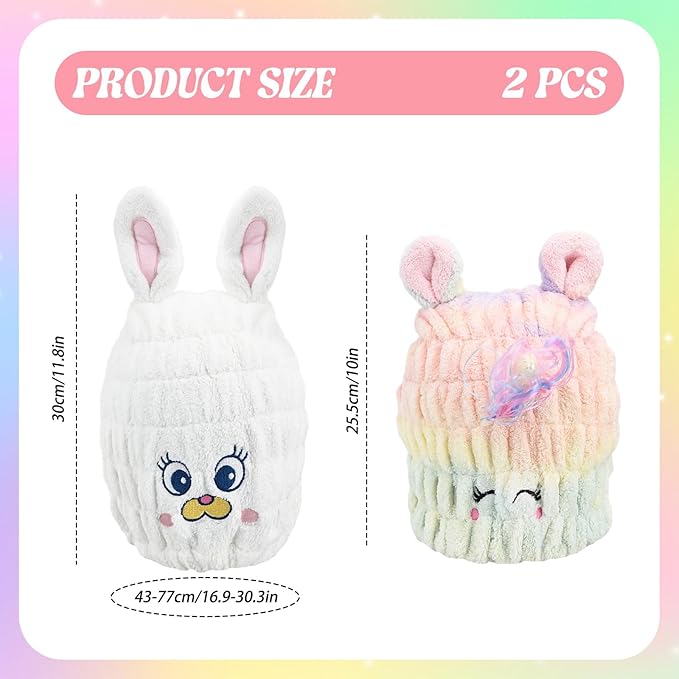 2 PCS Microfiber Hair Towel Wrap for Kids, Girls & Women,Cute Unicorn and White Rabbit Dry Hair Cap - Super Absorbent Quick Drying, Lightweight Turban Towel for Wet Hair
