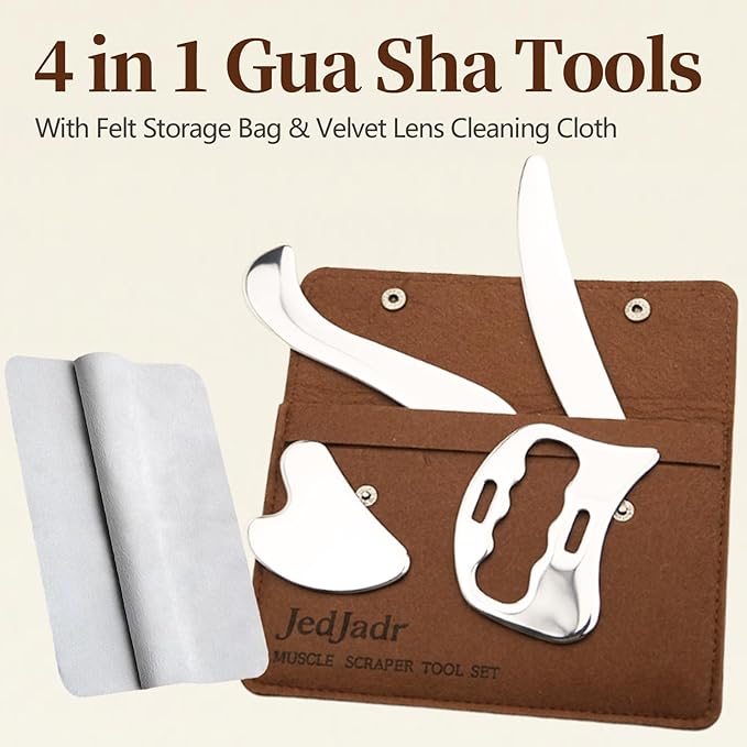 4 in 1 Stainless Steel Massage Scraper Tool Set for Deep Tissue Relief, IASTM Tool and Gua Sha Massage Tools for Muscle Recovery, Physical Therapy Scraping Tool with Facial Gua Sha