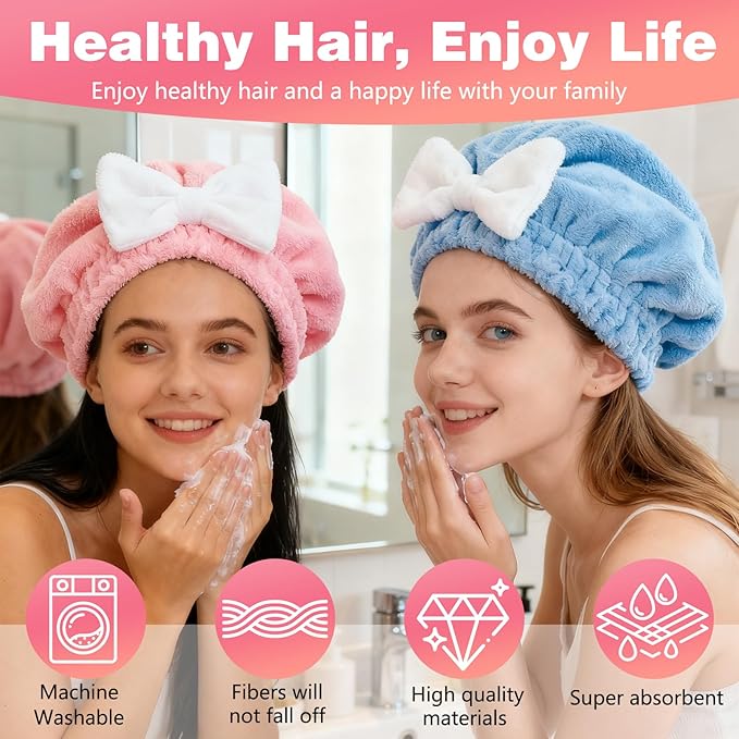 2PCS Super Absorbent Hair Towel Wrap for Wet Hair,Microfiber Hair Drying with Caps Bow Design,2026 New Fast Drying Hair Turban Wrap Towels Shower Cap for Girls and Women(Pink, Blue)