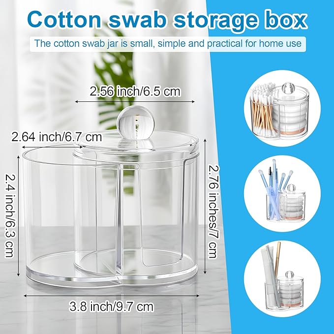 Cotton Swab Holder Dispenser Dual-Compartment Cotton Organizer Clear Vanity Canister with Removable Dustproof Lid Bathroom Accessories Storage Organizer for Cottons Swabs Balls Pads Floss