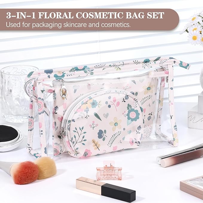 Richeart Makeup Bag, Clear Bag with Zipper, 3PC Floral Flowers Makeup Pouch, Waterproof Small Pouch, Portable Travel Toiletry Bag, C