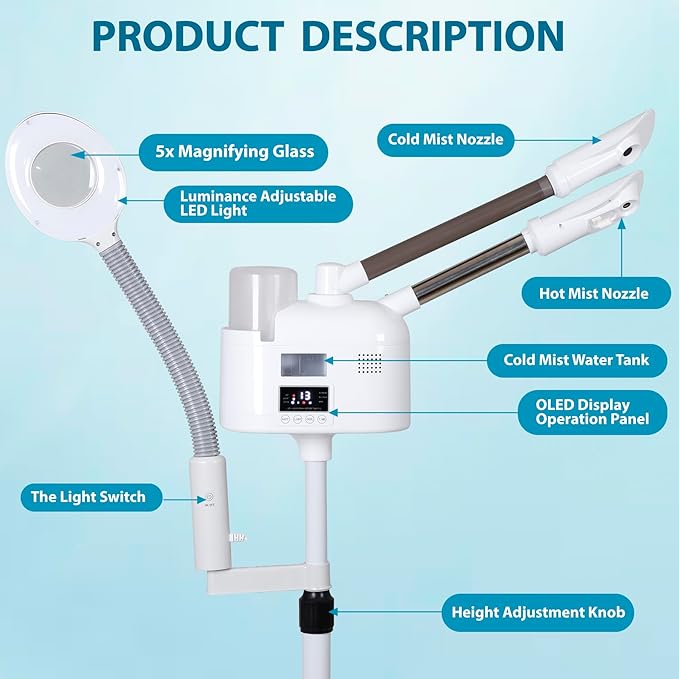 Professional 3 in 1 Facial Steamer, Stand on Wheels with 5X LED Magnifying Lamp, Use at Home or Salon SPA Esthetician with hot and Cold Nozzle for Skin Deep Clean