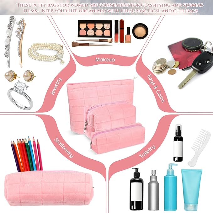 3 Pcs Puffy Makeup Bag Set Quilted Plush Emergency Pouch for Women Cute Checkered Travel Toiletry Bag Puffer Aesthetic Makeup Organizer Cosmetic Purse Pouch Preppy Pencil Case(Pink)