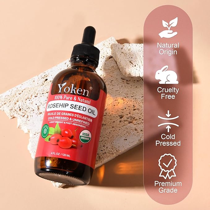 Rosehip Seed Oil for Face, 100% Pure and Natural Cold Pressed Unrefined Organic Rosehip Carrier Oil for Skin, Hair, Body & Nails - Lightweight, Fast-Absorbing (4 fl oz)