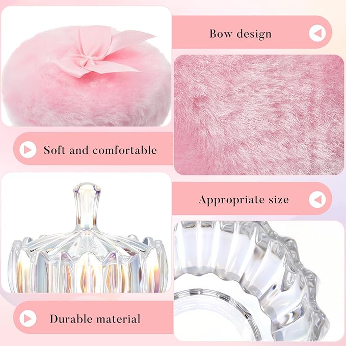 Tioncy 3 Pcs Large Body Powder Puff and Container Valentine's Day gift Powder Container with Puff Crystal Case Soft Washable Reusable Velour Face Body Glitter Wet Dry Makeup(Scalloped,Glitter)