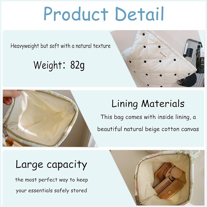 uekeboag 2Pcs White Shells Quilted Cotton Makeup Pouch Set,Coquette Quilted Toiletry Bag for Women and Girls, Floral Coquette Organizer Bag, Aesthetic Travel Cosmetic Bags(2Pcs White Shells)