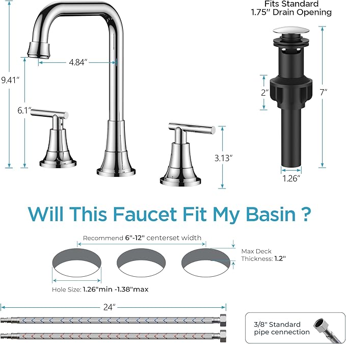 FORIOUS Widespread Bathroom Faucets Polished Chrome, 3 Hole Faucet for Bathroom Sink with Pop Up Drain for 8 Inch Vanity RV Camper Lavatory Sink