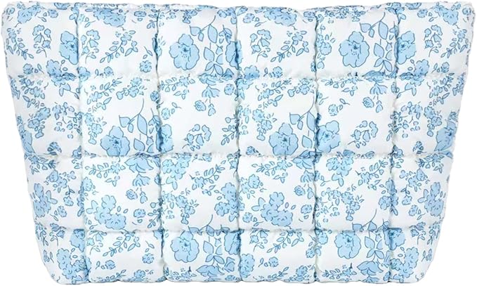Puffy Quilted Makeup Bag, Cosmetic Bag, Travel Toiletry Organizer Pouch, Clutch for Women (Blue Floral)