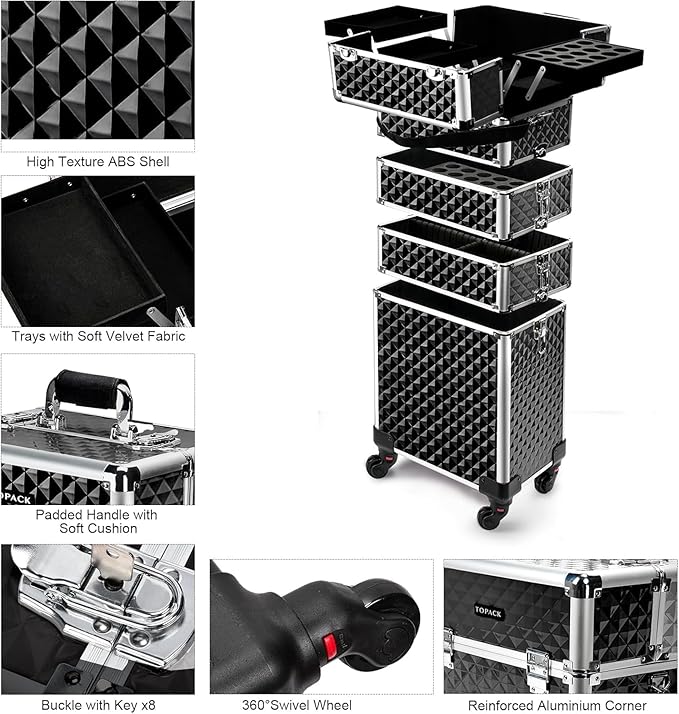 TOPACK Professional 4-In-1 Rolling Makeup Train Case, Large Makeup Travel Case with Key Shoulder Strap/Handle Cushion I Makeup Train Case Organizer I Cosmetology Case on Wheels
