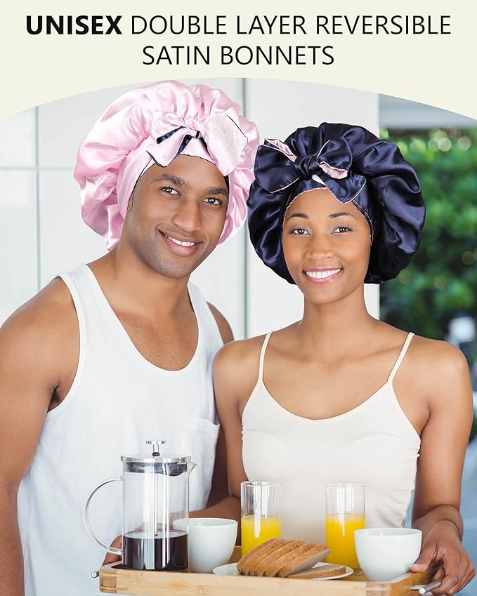 Satin Bonnet Silk Hair Wrap for Sleeping - Reversible Cap with Tie Band - Night Cap Double Layer for Curly Hair (Navy Blue + Pink)