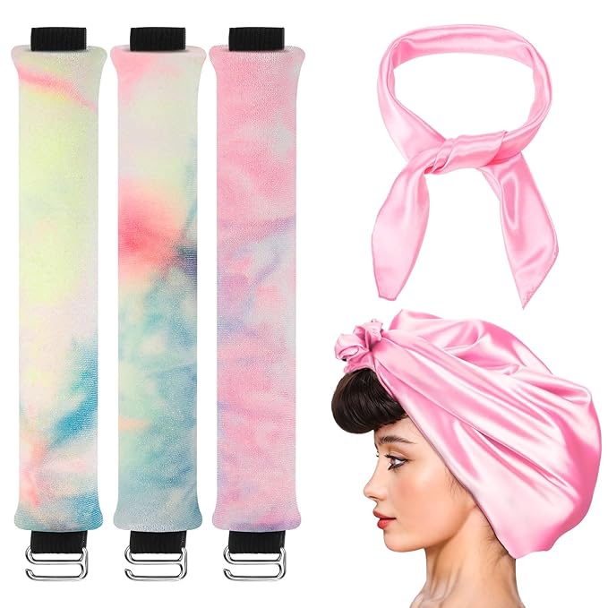 Obeoby 4 Pack Heatless Curling Rod, Overnight Curls with Hook Velvet Hair Curlers to Sleep in Blowout Rods No Heat Curls with Silk Scarf for Women Medium Long Hair, Pink Tie-Dye