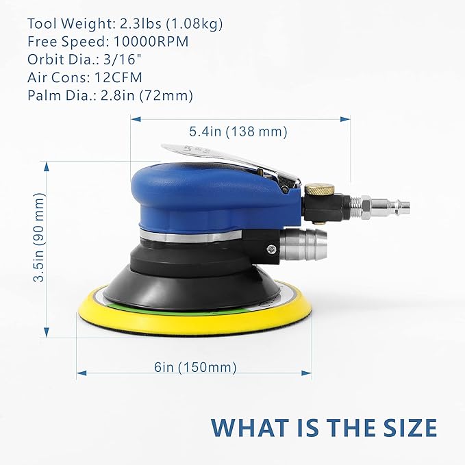 Air Random Orbital Sander Self-Vacuum with Hose and Dust bag by UPWOOD, Pneumatic Palm Sander Orbital Sander With 10 pcs Sandpapers for Auto Body Work, Woodworking (6 Inch-Vacuum Type)