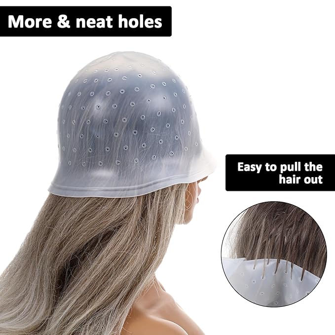 TIESOME 1 Set Silicone Highlighting Cap, Reusable Punched Hair Cap with 1 Needle Hooks & 2 Needle Brushes, Salon Hairdressing Dyeing Tool for Women Men, Easy Pull Through for Highlights