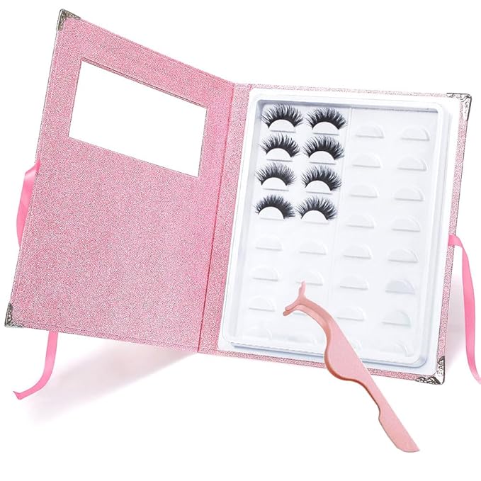 False Eyelash Storage Book Protable 16 Pari Eyelashes Organizer Holder Case Lash Contanier Box Glitter Cover Lash Container Empty Case with Eyelash Tweezer Pink