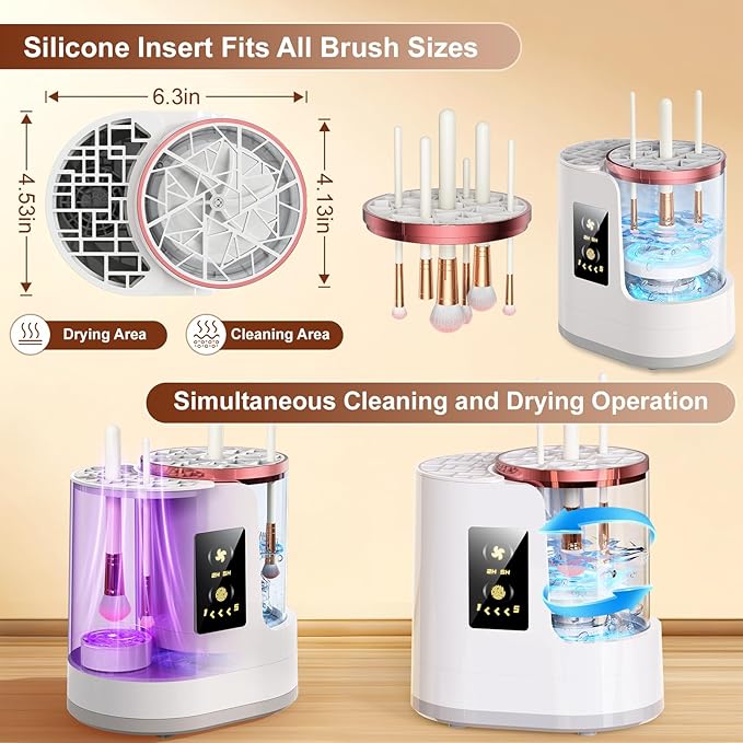 Electric Makeup Brush Cleaner 3-in-1, Automatic Brush Cleaning & Drying Machine with Dual-Direction Cleaning, Adjustable Dryer, Fits All Brush Sizes, for Makeup Brush Set, Blush Brush, Sponges