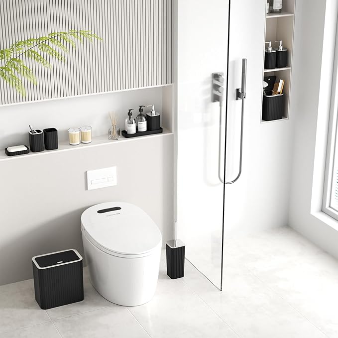 Bathroom Accessory Set - Bathroom Set, 12PC Bathroom Accessory Set, Black Bathroom Accessories Set, Mini Trash Can, Toilet Brush, Trash Can & Soap Dispenser