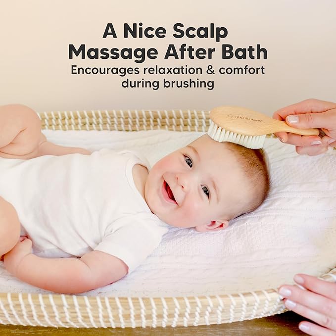 Wooden Baby Hair Brush - Cradle Cap Baby Brush with Soft Goat Bristles, Perfect Gentle Scalp Newborn Comb for Infant, Girls, Boys, Bath Essentials (Walnut, Petite)