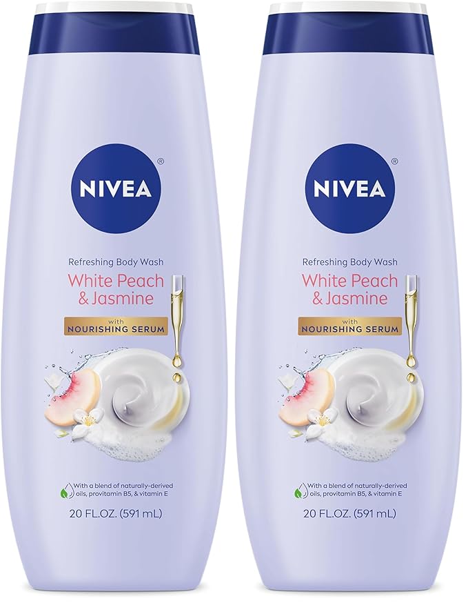 NIVEA Refreshing White Peach and Jasmine Body Wash with Nourishing Serum,Scented Body Wash for Women,Enriched with Provitamin B5 and Vitamin E,20 Fl Oz Bottle,(Pack of 2)