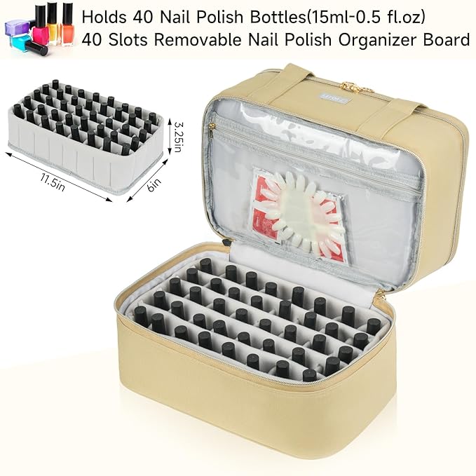 Nail Polish Organizer and Storage,Double-Layer Nail Supplies Carrying Case Bag for 40 Bottles (15ml-0.5 fl.oz) and a Lamp,Portable Nails Polish Holder for Nails Supplies,Khaki