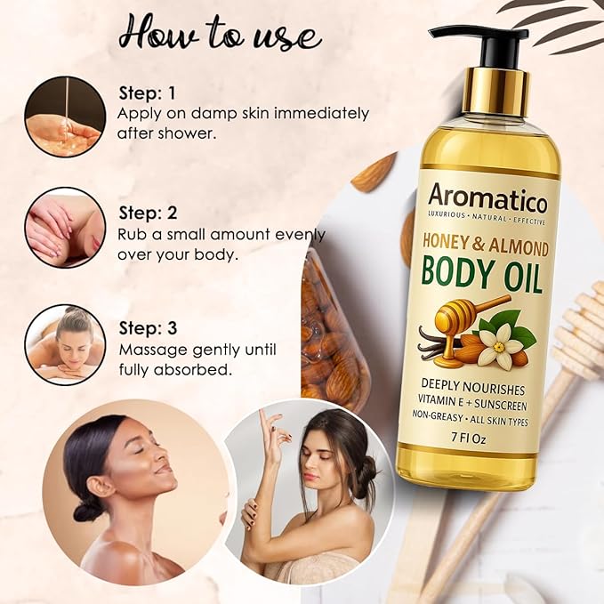 Honey & Almond Body Oil for Women – 7 fl oz | Moisturizing After Shower Body Oil for Daily Use | Cozy & Creamy Fragrance