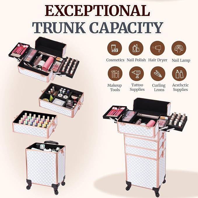 TOPACK Professional 4-In-1 Rolling Makeup Train Case, Large Makeup Travel Case with Key Shoulder Strap/Handle Cushion I Makeup Train Case Organizer I Cosmetology Case on Wheels（White Glod）