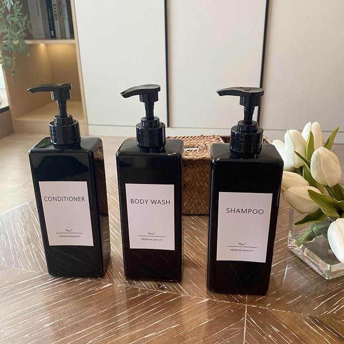 Shampoo and Conditioner Dispenser Set, 3Pack Refillable Shampoo and Conditioner Bottles with Labels, 500ml Soap Dispenser 16.9oz Shower Dispenser Square Pump Bottle for Bathroom and Kitchen - Black